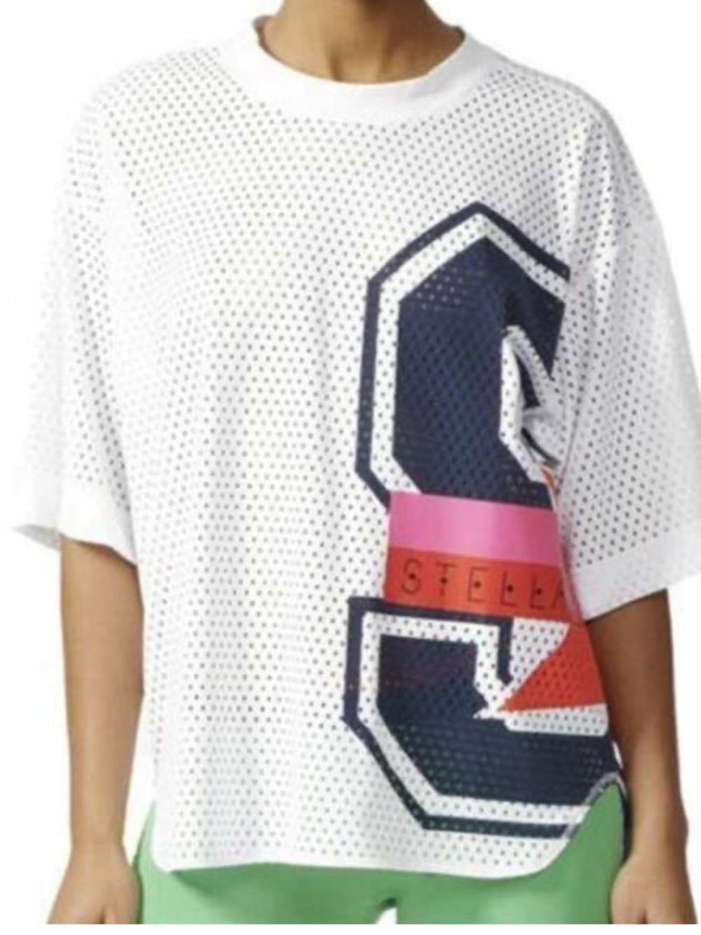 Adidas by Stella McCartney  White Mesh Graphic Tee with Pink Accents NWT SZ M